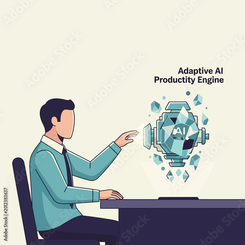 Man Interacting with Adaptive AI Productivity Engine Hologram.