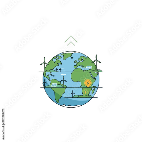 Global renewable energy sources powering the planet Earth illustration.
