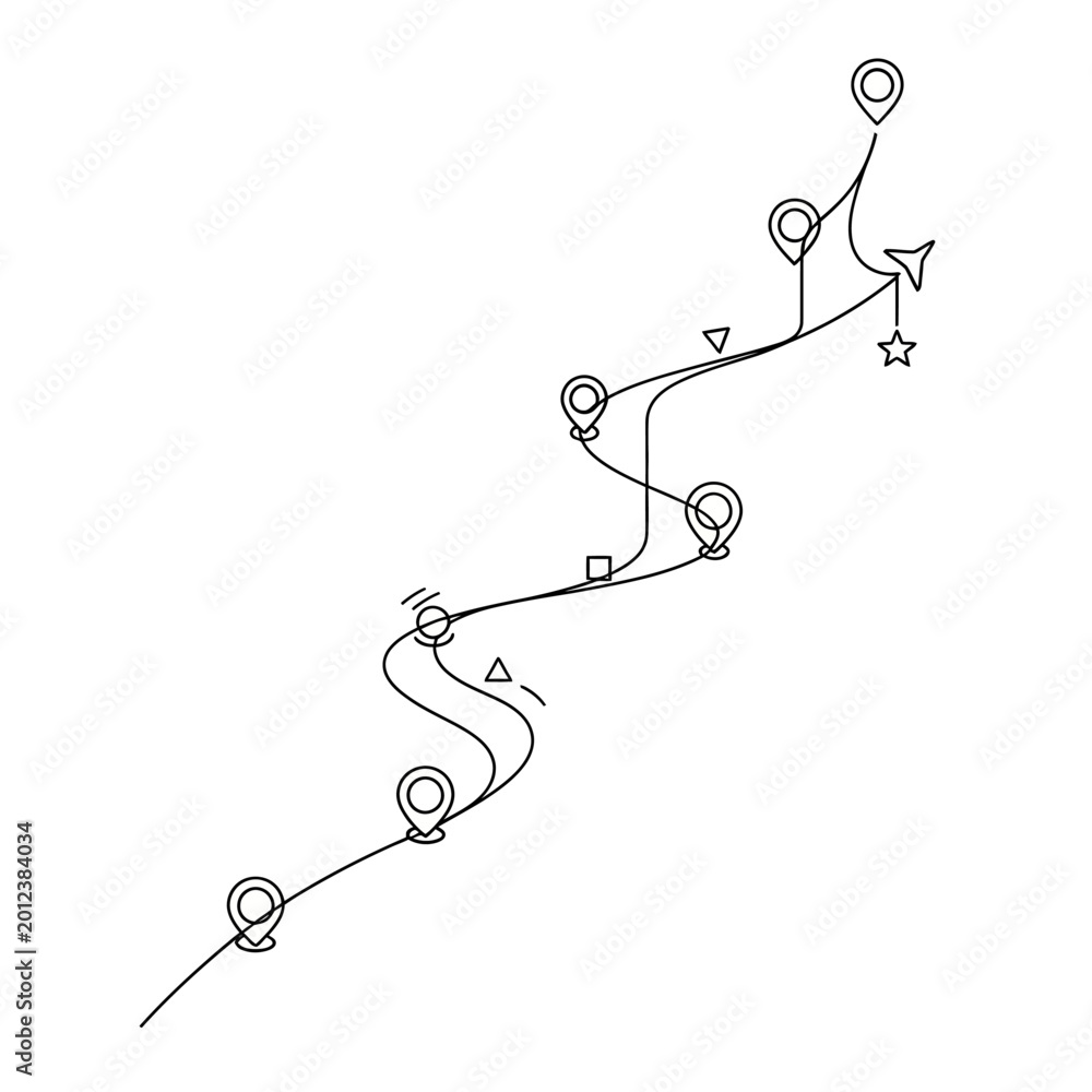 Fototapeta premium Hand-drawn map route with location pins and destination marker.