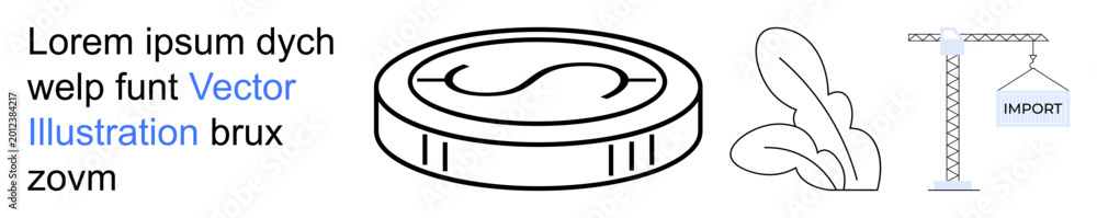 Naklejka premium Business, trade, sustainability, currency, commerce, logistics. Outlines of a dollar coin, leaves and a crane lifting cargo. Business and trade visualization