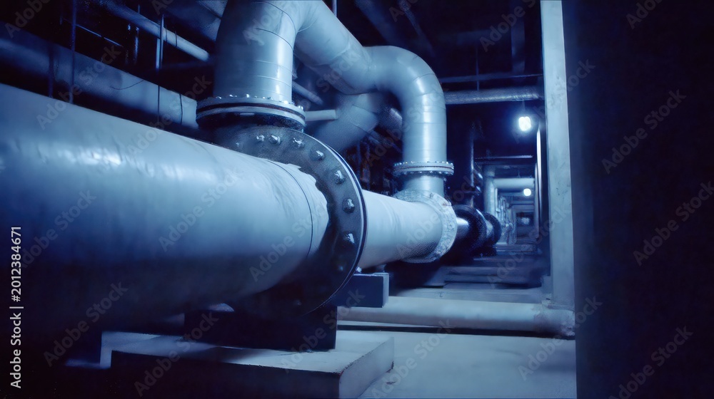 Fototapeta premium Industrial facility basement with pipes infrastructure system
