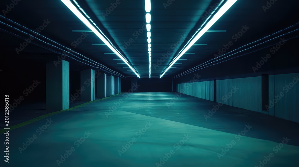 Fototapeta premium Empty underground parking garage with blue neon lighting