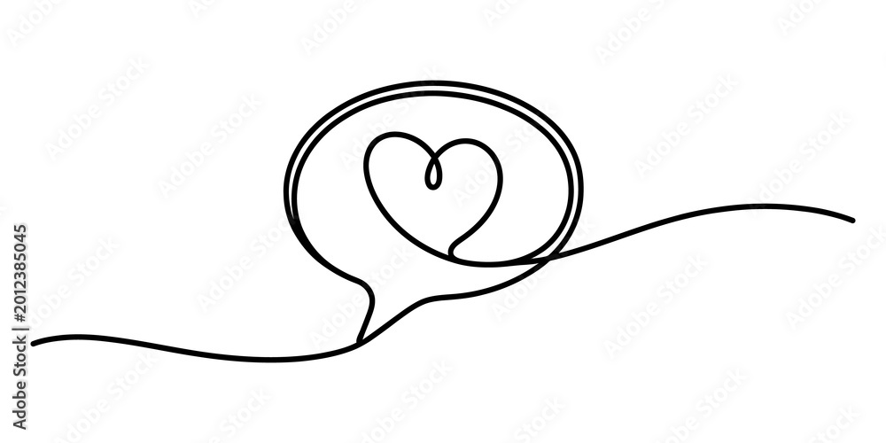 Fototapeta premium Continuous single line drawing of a heart inside a speech bubble