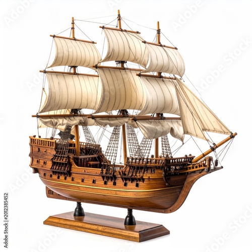 Ornate wooden sailing ship model with billowing canvas sails on a stand