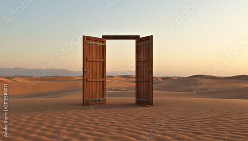 Open Double Doors in Desert Sand Dunes at Sunset, New Opportunity Concept