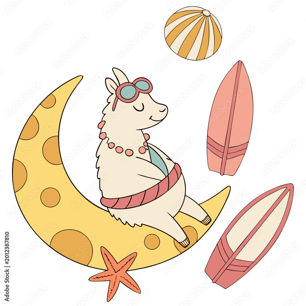 Fototapeta premium Cute Peaceful Alpaca, accessorized with sitting on a moon, in a Under the Sea world – Ocean Dreams palette vector