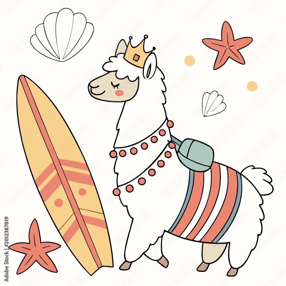 Fototapeta premium An adorable Alpaca with a Grumpy vibe, with a tiny crown, and a Ocean Dreams Under the Sea theme – SVG style