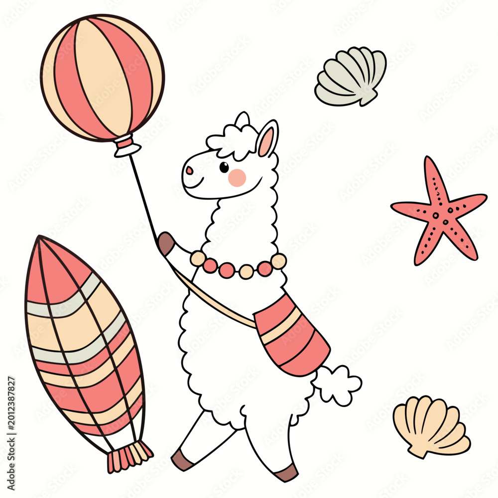 Fototapeta premium Happy Alpaca with with a balloon, set in a charming Under the Sea theme – Ocean Dreams color vector art