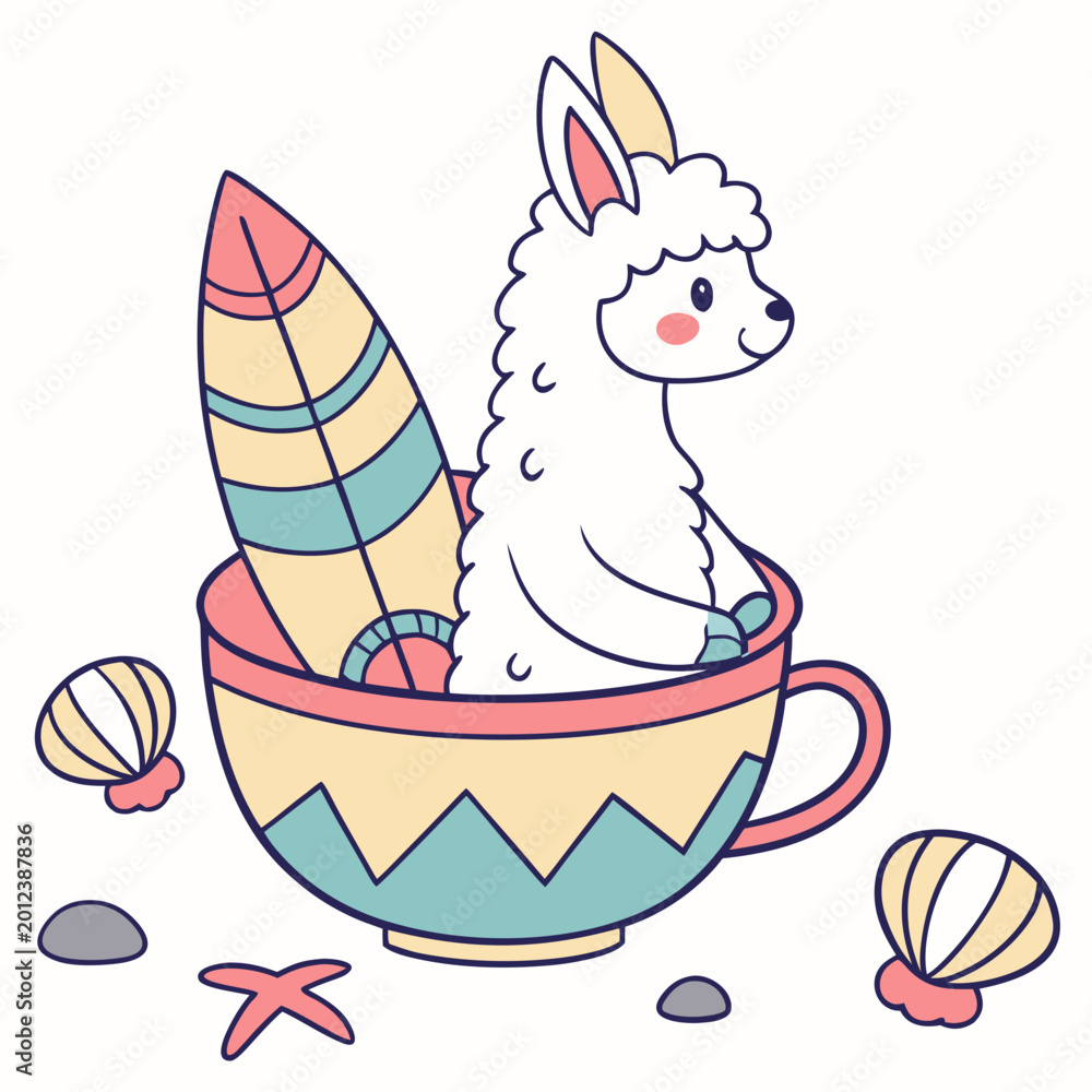 Fototapeta premium Ocean Dreams themed SVG: Cheerful Alpaca with in a teacup in a Under the Sea environment