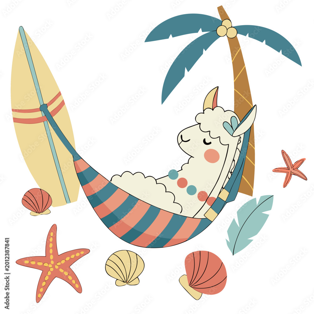Obraz premium Whimsical Alpaca feeling Gentle in a Under the Sea setting with in a hammock – colored in Ocean Dreams