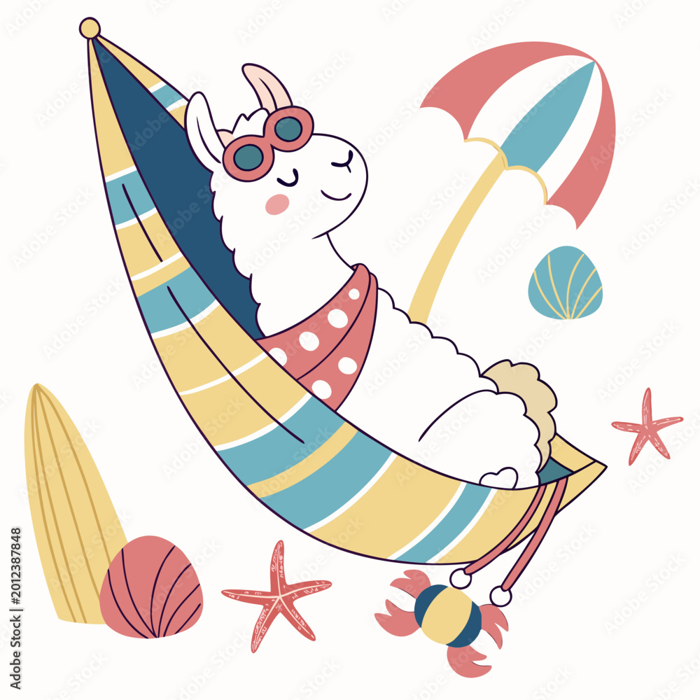 Fototapeta premium Cute Loving Alpaca, accessorized with in a hammock, in a Under the Sea world – Ocean Dreams palette vector