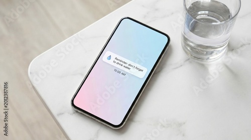 A top-down view of a mobile phone with a pastel screen displaying a reminder notification.
