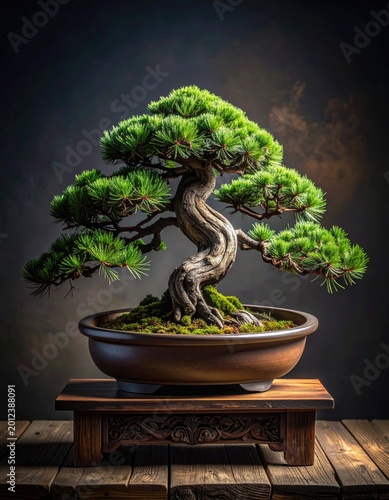 Lush, twisted bonsai pine tree in a ceramic pot on a carved wooden stand