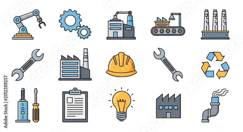 Valokuva Industrial construction tools and equipment icons.