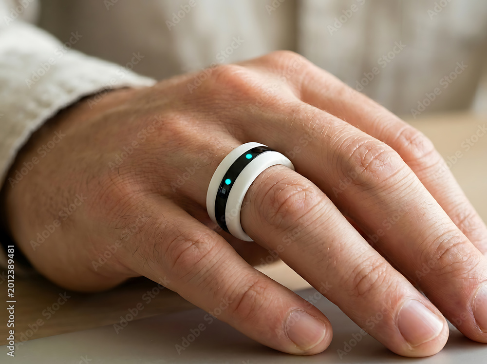 Fototapeta premium Close-up of a hand wearing a smart ring with glowing blue lights on a wooden surface