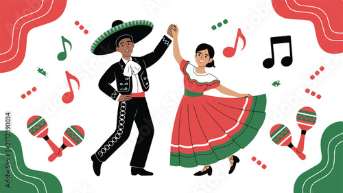 Foto Flat design illustration of a Mexican couple dancing in traditional costume with maracas and music notes for festive cultural celebrations