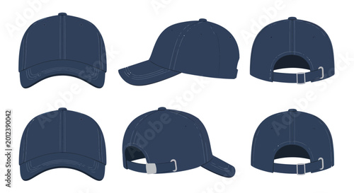 Navy Blue Baseball Cap Mockup Set - Front, Side, Back Views