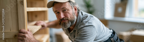 Craftsman's Focus: A skilled craftsman, deeply immersed in his craft, meticulously works on a wooden cabinet, demonstrating precision and dedication.