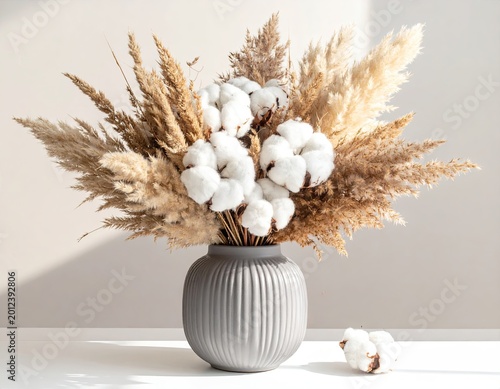 Textured vase with dried cotton and pampas grass bouquet