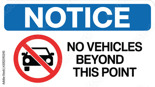 Foto No, vehicles beyond this point sign, traffic restriction symbol with blocked car icon for road safety access limitation and transportation regulation graphics