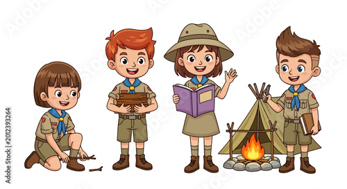 Schilderij op canvas Scout, kids, camping, outdoors, adventure, vector icons, illustrations, scout un