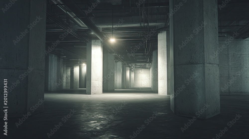 Fototapeta premium Dark industrial underground parking garage with concrete pillars