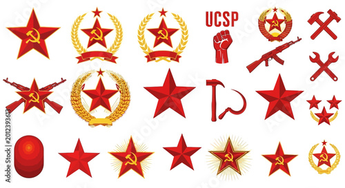 Quadro su tela Communist, socialist, red star, gold emblems, 25 symbol set, vector icons