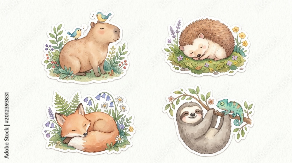 Fototapeta premium Watercolor stickers: Capybara with birds, sleepy hedgehog, curled fox, sloth