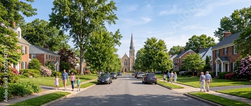 Wide banner of a suburban neighborhood with families walking along a residential street with a prominent stone church in the distance.