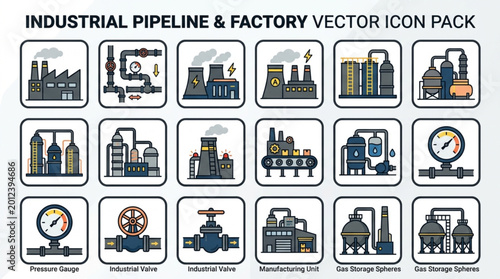 Fotografie Industrial pipeline factory vector icons.