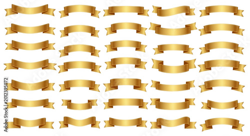 Set of golden ribbons and banners isolated on transparent background