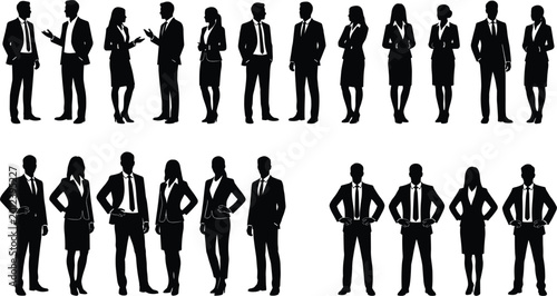 Set of professional business people silhouettes in suits standing and talking in various poses for corporate office concepts