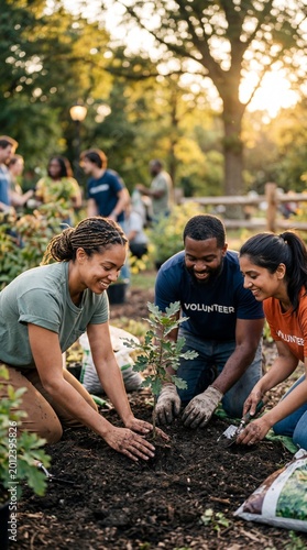 Diverse smiling volunteers working together to plant a tree in a lush green park during a reforestation community project at sunset.