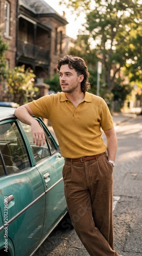 Young man in a retro yellow knit polo and corduroy trousers leaning against a vintage turquoise car on a sunny residential street.