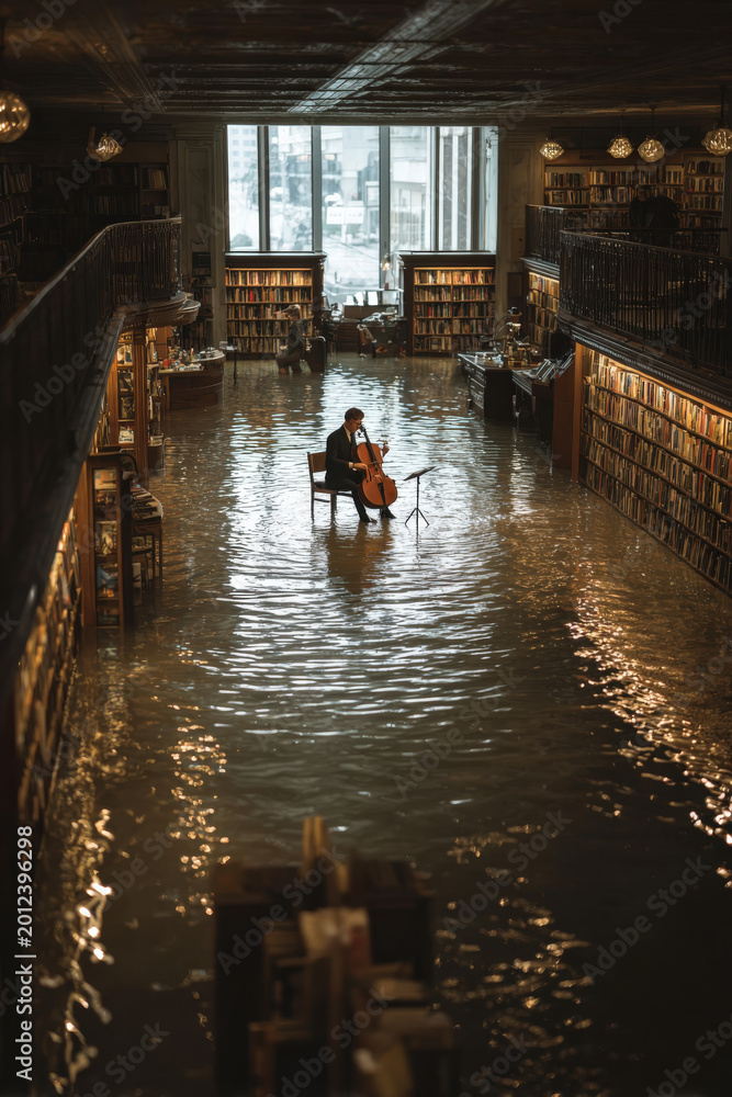 Obraz premium Solitary figure plays cello in a flooded library