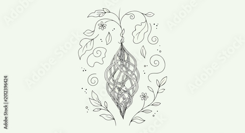 Foto Boho botanical line art illustration, hand drawn floral cocoon with swirling lea