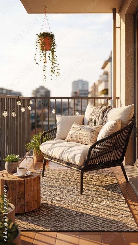 Obraz premium Cozy Balcony Oasis with Wicker Sofa and String Lights.
