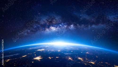 Earth's curvature seen from space, illuminated by city lights, under a starry galactic band