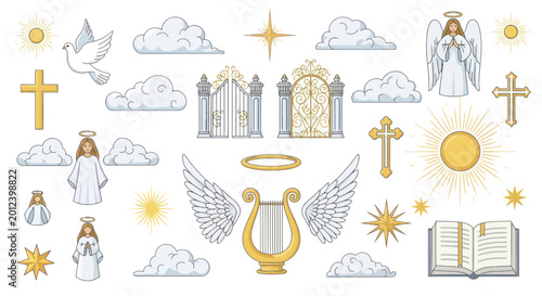 Bild auf Leinwand Heavenly Elements: Angels, Gates, Crosses, Harp, Dove, Sun, Stars, Clouds, Bible
