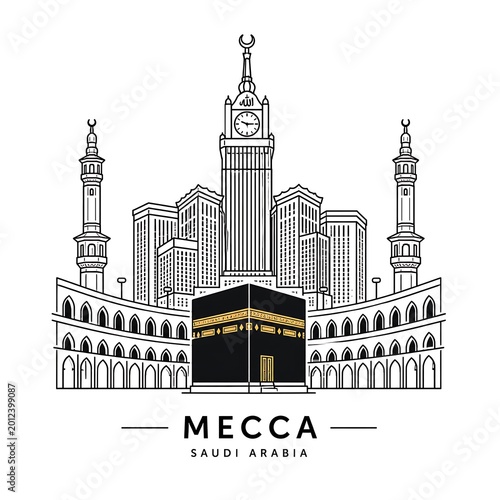 Mecca Saudi Arabia, Skyline with Kaaba and Clock Tower Vector Illustration