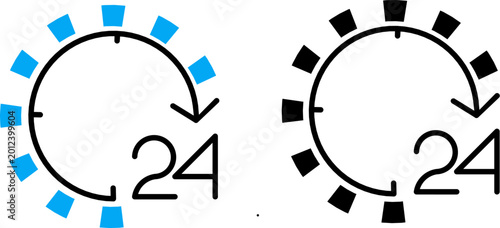 24 hours service icon set. circular arrow time symbol with blue and black dash line style