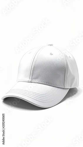 A plain white baseball cap with a curved brim, presented on a white background