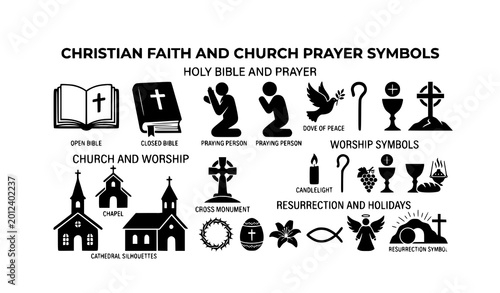 Schilderij op canvas Christian church prayer and holy Bible black and white silhouette vector symbols