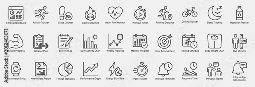 Fitness Tracking and Activity Analytics Line Icons Set: Vector pictograms for Fitness Dashboard, Activity Tracker, Steps Counter, Calories Burned, Heart Rate Monitor, Workout Timer, Running, and more.