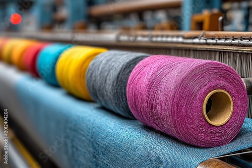 A vibrant collection of textile yarn spools in various colors are arranged on a loom, showcasing colorful fibers ready for weaving.
