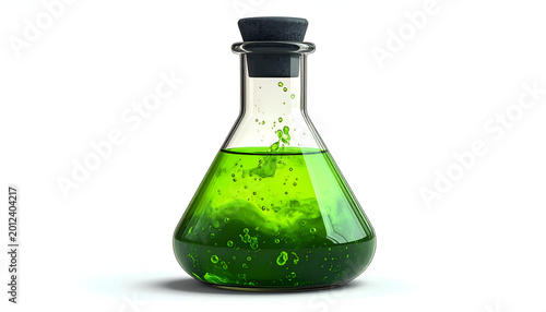 Green Liquid in a Laboratory Flask with Bubbles.