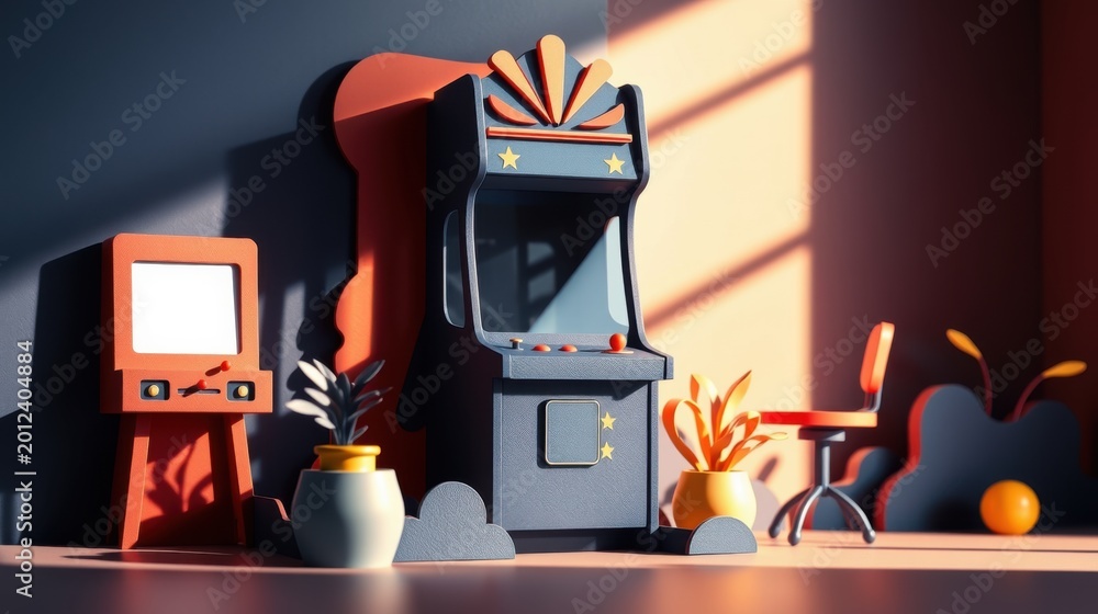Naklejka premium Stylized room features retro gaming setup. Arcade machine, television, plants, chair present. Warm lighting creates dramatic shadows.