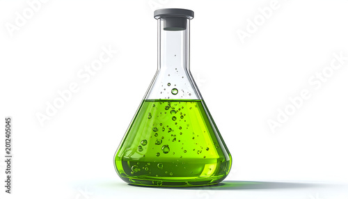 Green Liquid in Erlenmeyer Flask with Bubbles.