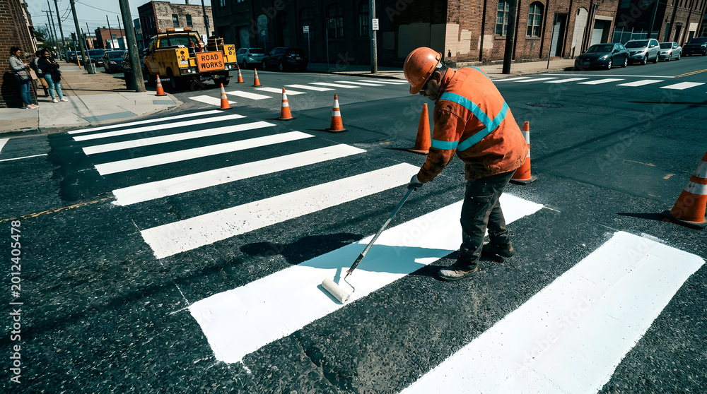 Obraz premium Road maintenance worker painting crosswalk lines | Urban street construction and infrastructure repair | High-angle cinematic view of city road works | Pedestrian safety improvement with fresh paint