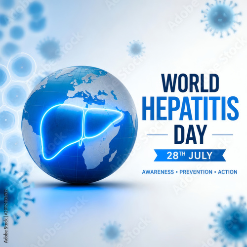 world hepatitis day awareness global fight against liver disease with blue globe and medical text on white background